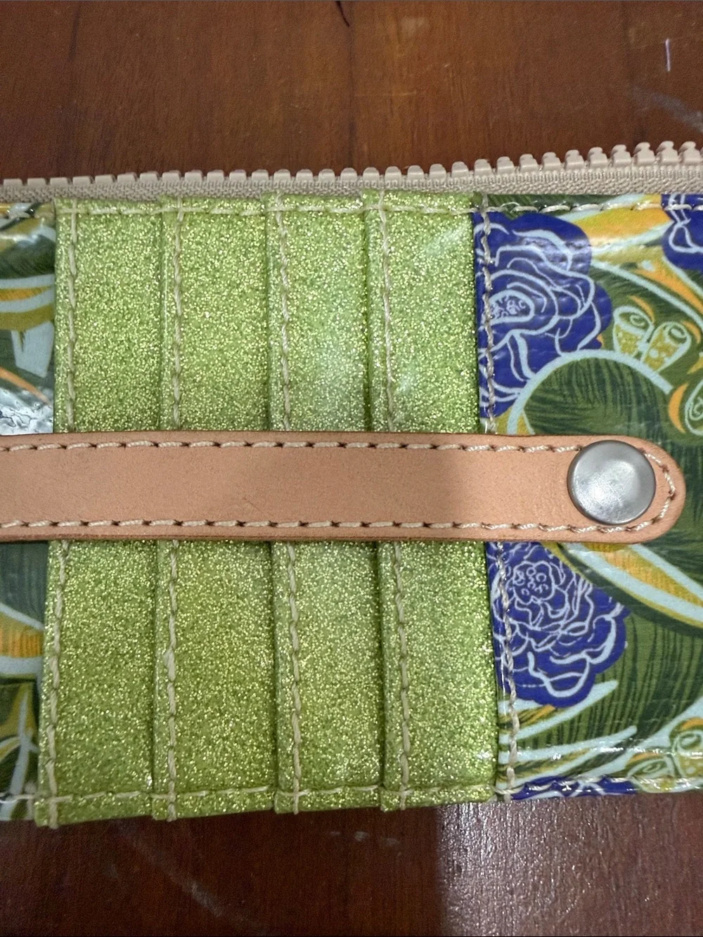 Consuela Green Floral Card Wallet with Blue Accents and Tan Strap
